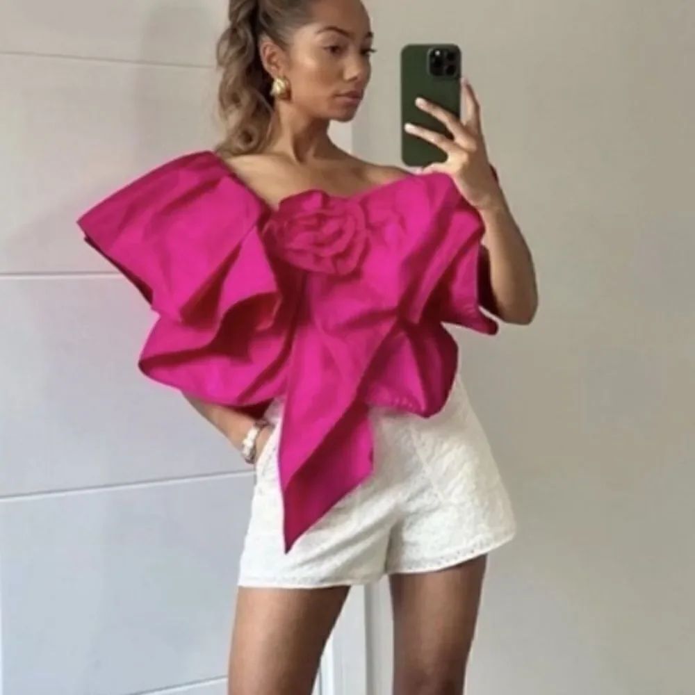 ZARA Pink Asymmetrical Ruffle One Shoulder Top